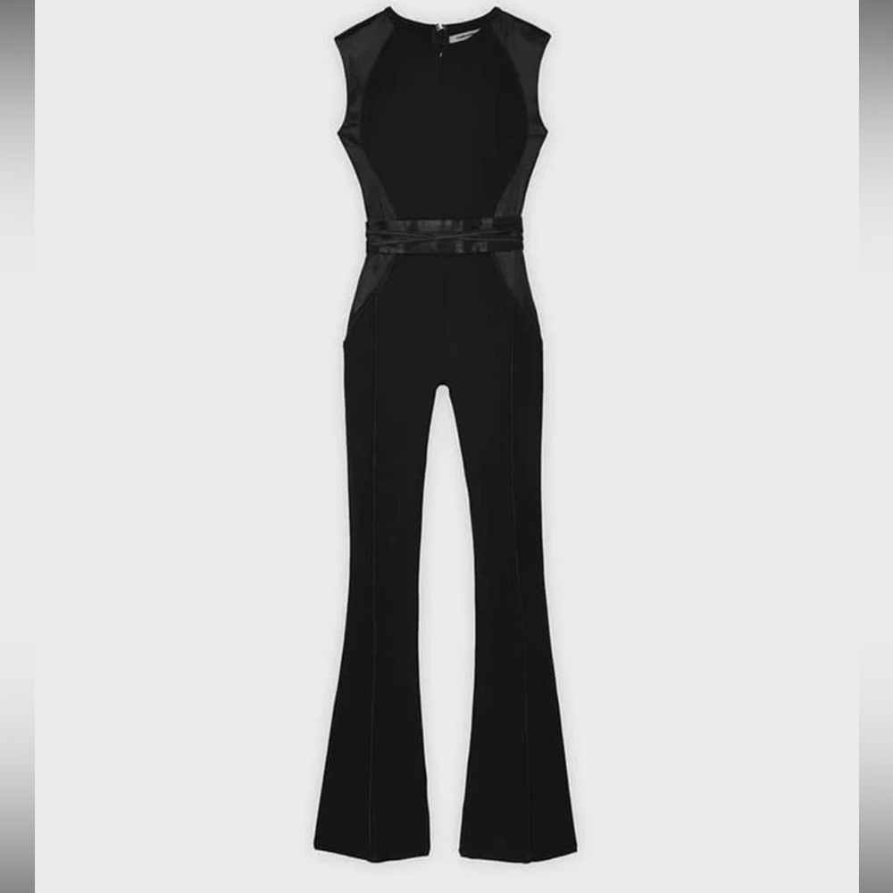 SATIN CONTOUR FLARED JUMPSUIT - BLACK size UK 10